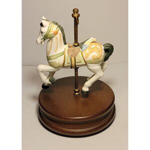 Musical Carousel Horse Porcelain Wood Base Music Box Brass Pole